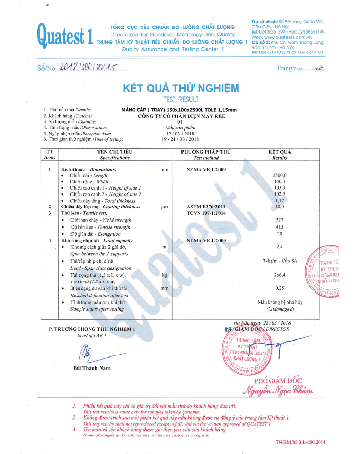 Kiểm tra đặc tính Thang máng cáp Reetech theo tiêu chuẩn NEMA VE1, ASTM E376, TCVN 197
